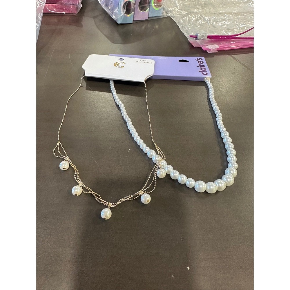 Claire's Pearl Necklace‎ Layered Gold Tone Chain Choker Hypoallergenic Women